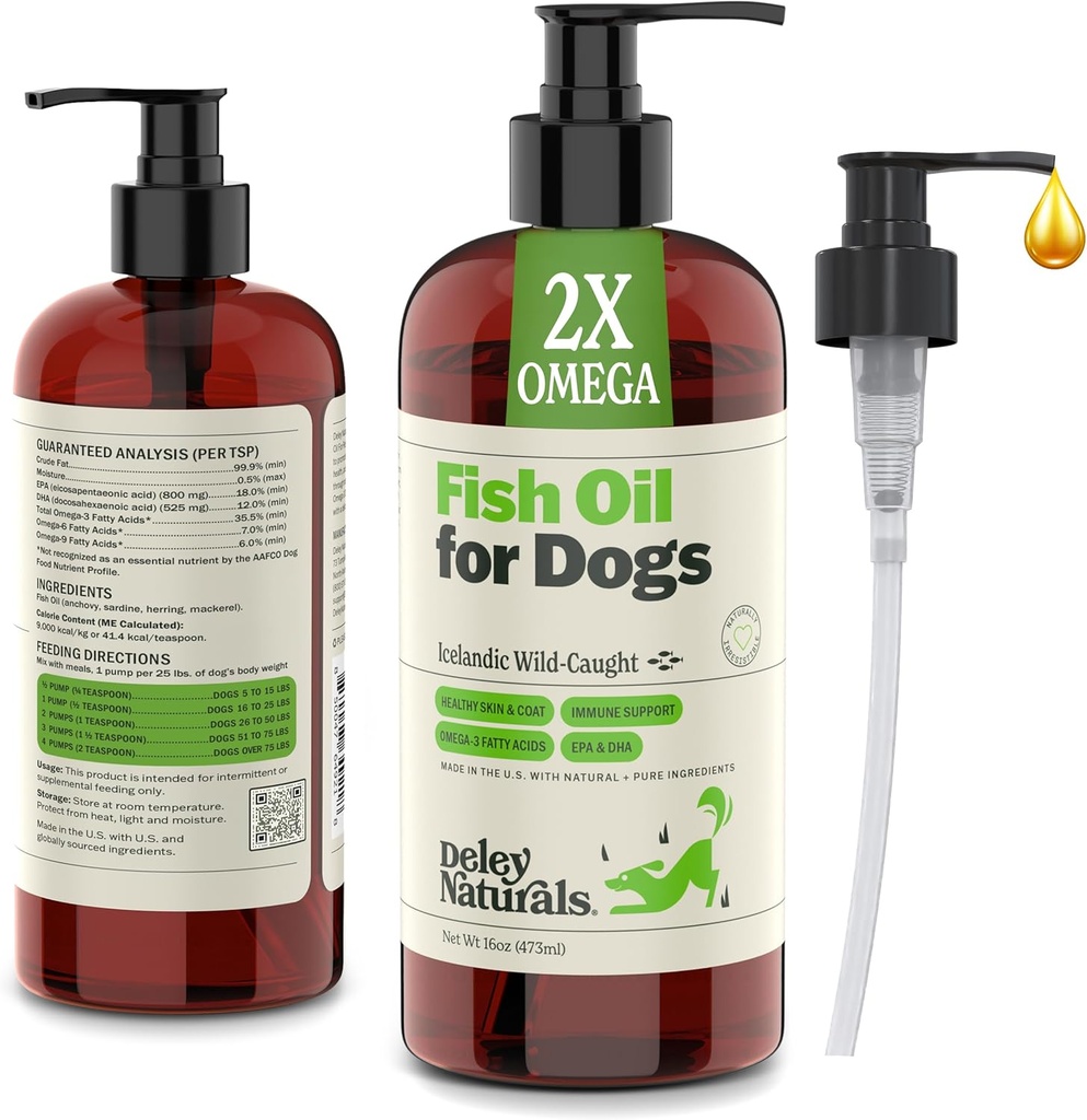 Deley Naturals Dog Fish Oil Islands 2X Omega - Šuo Niežėjimas odos paramos su Omega 3 6 9 Alergija, Coat & Heart - Omega 3 Žuvies aliejus šunims Odos dirginimas - 16oz Omega aliejus šunims pagaminti JAV