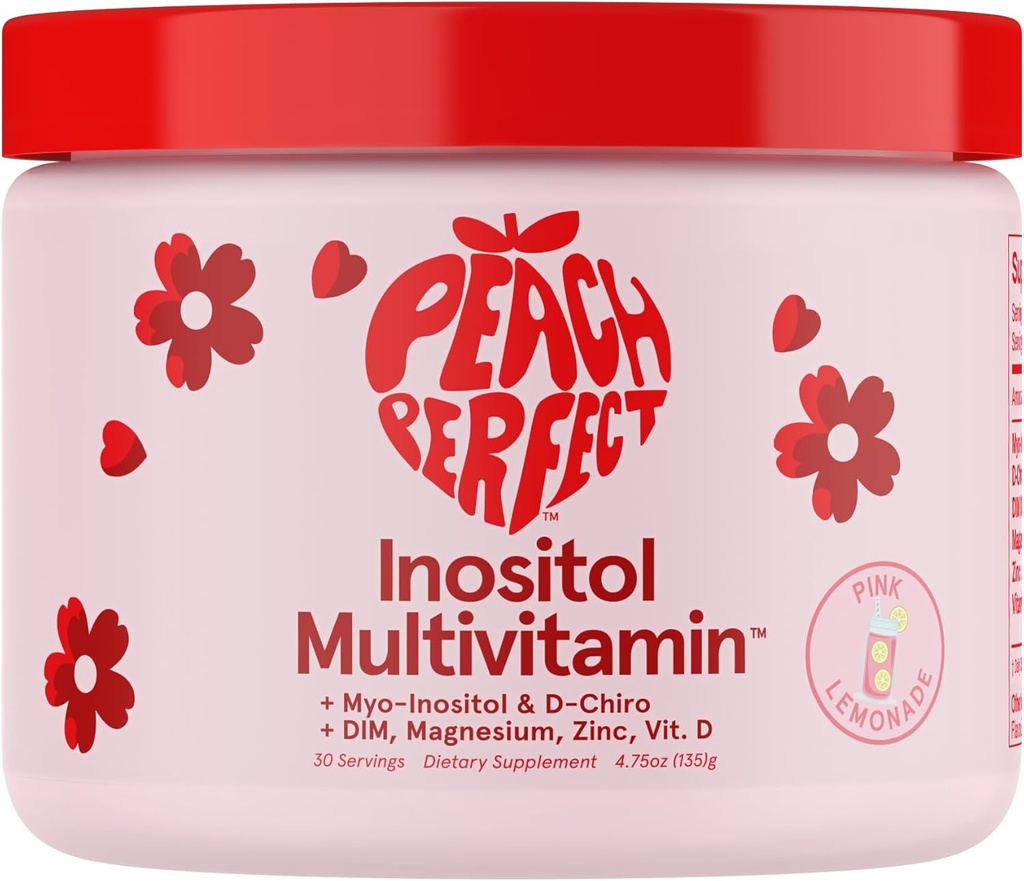 Persikų puikūs inozitolio milteliai Multivitaminas, Pink Lemonade skonio - 4g Myo & D- Chiro Inositol, DIM, Cinkas, magnio glicinatas, vitaminas D3 - Palaiko moterų sveikatą, ciklas, energija, 30 SVG