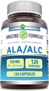 Amazonės formulės ALA / ALC (Alpha Lipoic Acid / Acetil L- Carnitine) Additive 124; 750 Mg per Serving (Alfa Lipoic Acid / Acid L- Carnitine) supplementary 124; Capsules (Capsules ® 124; Non-GMO ® 124; Gluten- Free) 124; Pagaminta JAV (1 Pack, 120 Count)