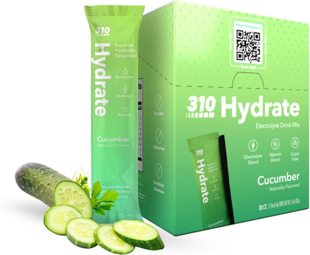 310 Nutrition Sugar Free Electrolytes Mill - Instant Hydration Packets for Daily Fluid Balance - Caffee Free Rehidration Drink Mix w / Vitaminai, Low Calorie & Keto Friendly - Cucumber 30 Singles