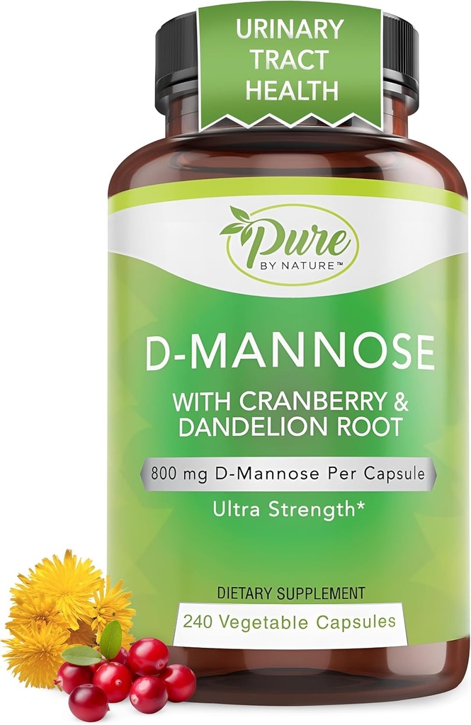 Pure by Nature 600mg D- Mannose Vegan Capsules with Cranberry & Dandelion Extract, Šlapimo traktas Sveikata Parama, Šlapimo priemaiša, Detox Kūno, 240 Skaičiavimas
