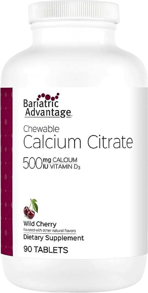 Baariatric Advantage Calcitrace Citrate Chewable 500mg kartu su vitaminu D3 pacientams, kuriems atliekama baariatric chirurgija, įskaitant skrandžio baisą ir burnos ertmę, mažo cukraus - laukinių vyšnių skonio, 90 skaičius