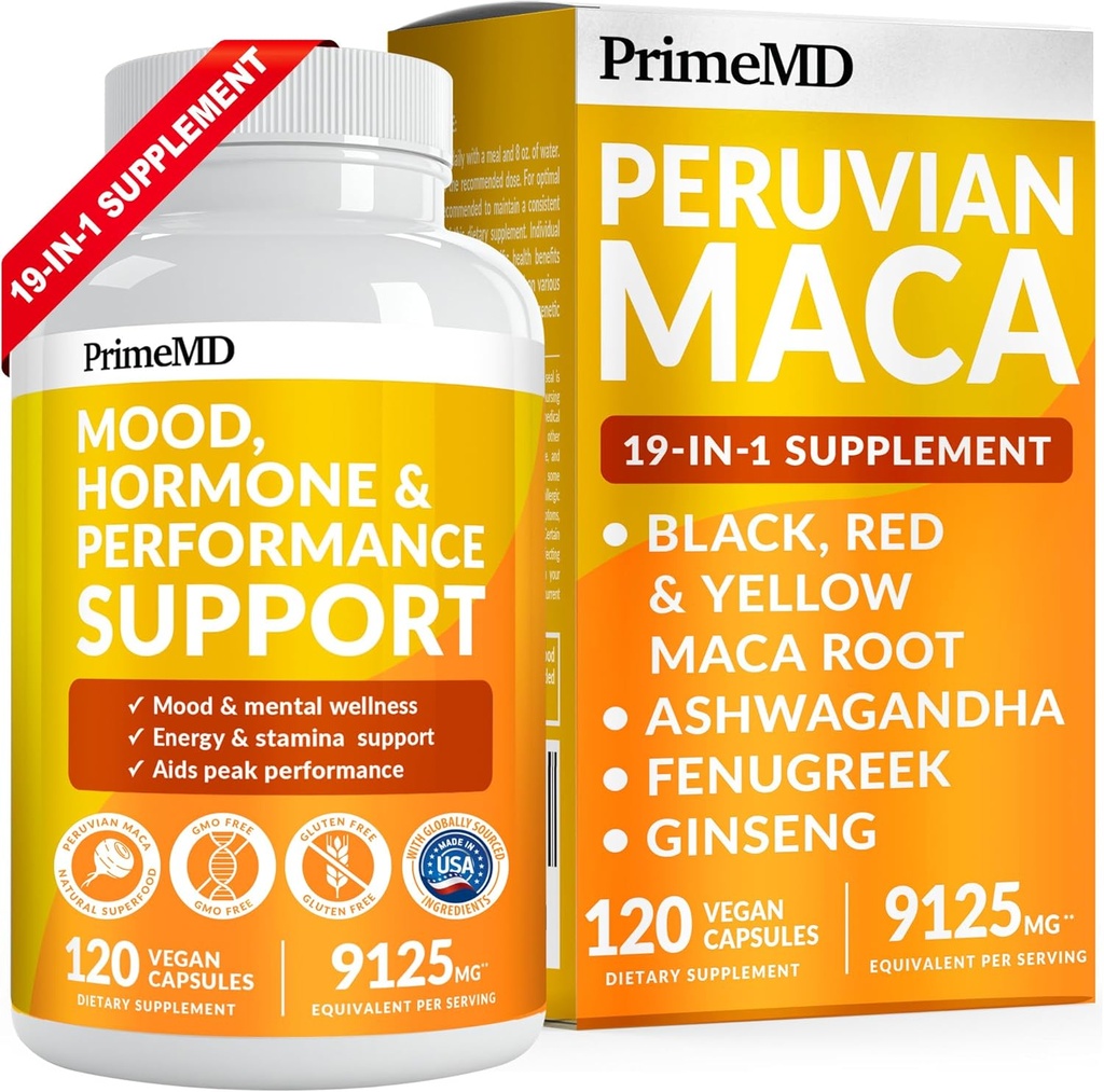 PrimeMD 19- in-1 Peruvian Maca root Capsules - 9125 mg Ashwagandha papildai Maca Fenugreek ir Ginseng Mood, Hormonas & Performance Support (120 Capsules)