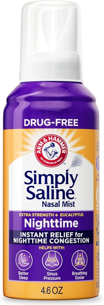 ARM & HAMMER Tiesiog Saline Nighttime Drug- Free Mist Nasal Congestion naktį, Ekstra stiprumo, Kalming Eucalyptus, Saugus naudoti su Rx ir OTC, suaugusiems ir vaikams amžiaus 2 +, 4.6 oz (129 g)