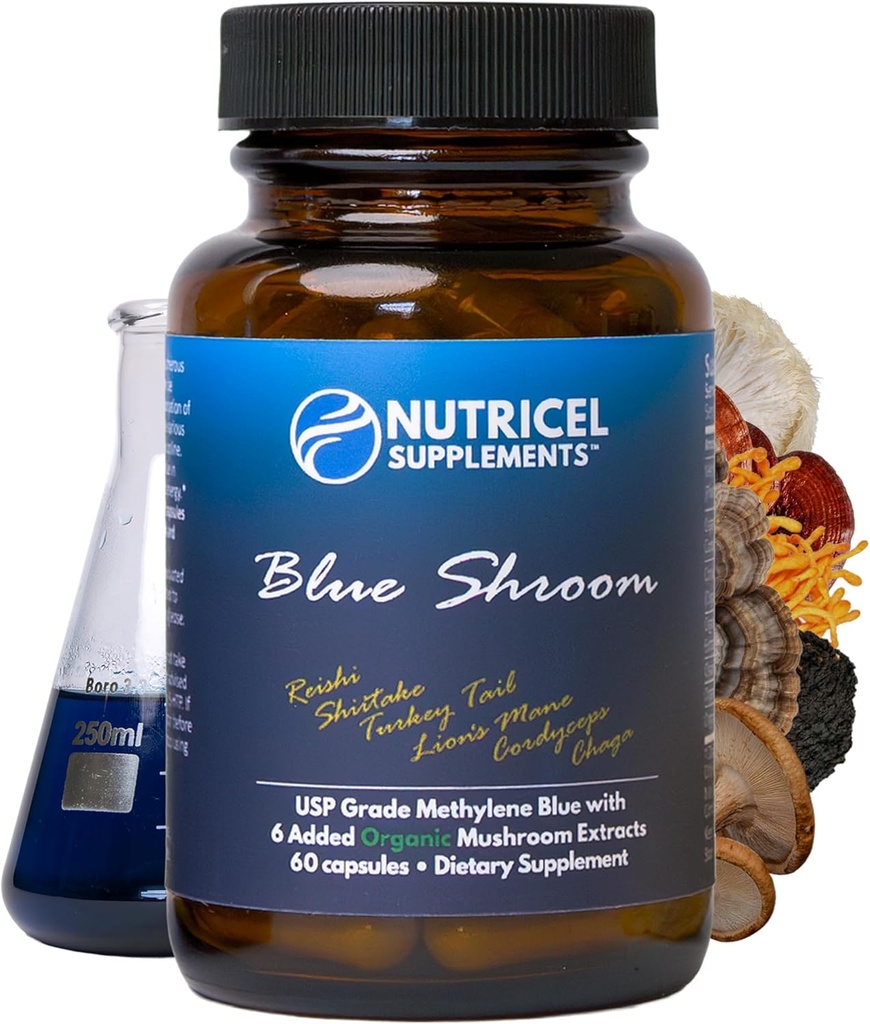 Nutricel Methylene Blue Capsules with Mushroom Extracts: Lion's Mane, Reishi, Cordyceps, Chaga, Shiitake, Turkey Tail - Trusted Made in America Brand - 7mg (USP Reference Compliant) (60ct)