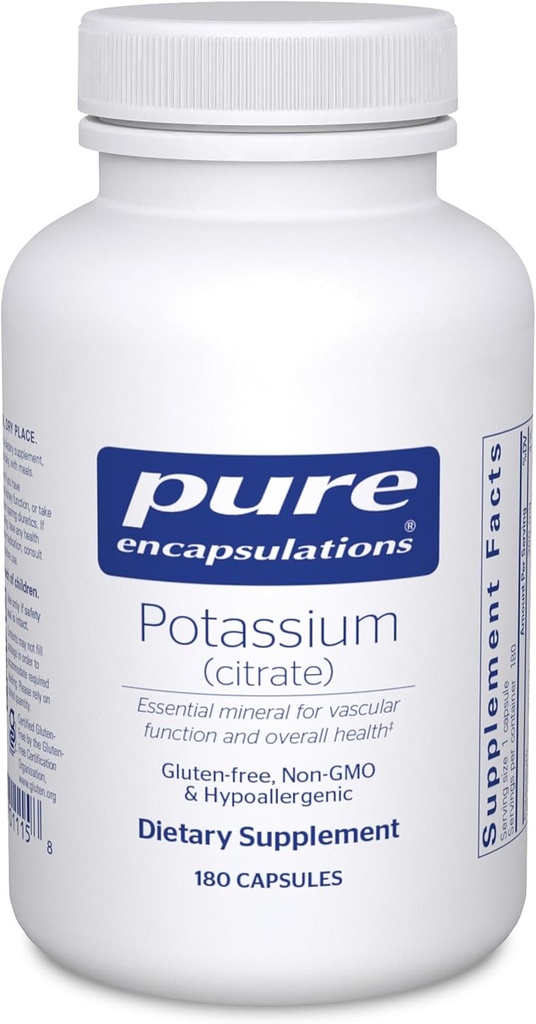 Pure Encapsulations Kalis (Citrate) - Esminis Elektrolito priedas Nerve & Music Function, Adrenals, Hormonai, Širdies sveikata ir energija * - Kalio citratas Kapsulė - 180 Kapsulės