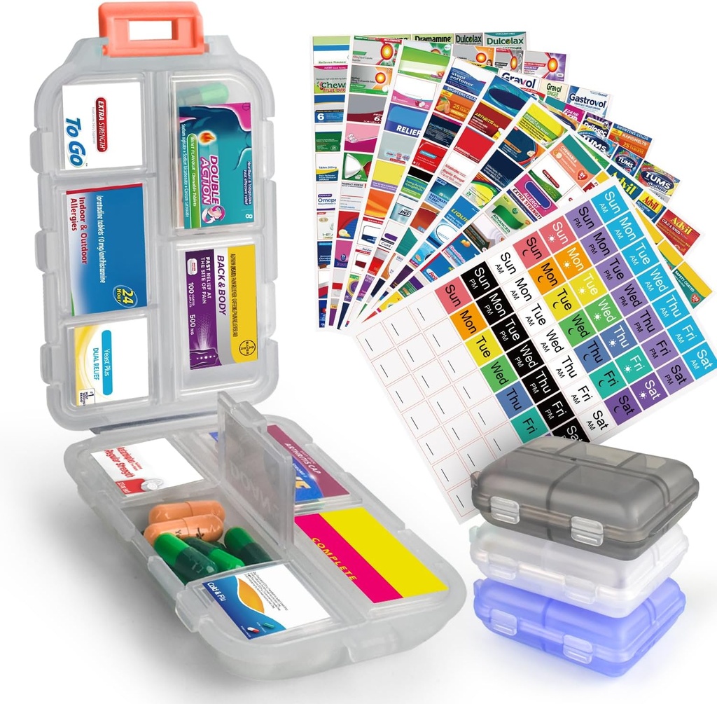 3 Pcs DIY Travel Pill Organizatorius su etikečių pocket Pharmacy, 3 pil Box & 420 Medicina Labels, Nešiojami kelionių pagrindai Mini pil Container 7 Dienos pil Case Sandėliavimas Vitaminas žuvų aliejus (rinkinys A)