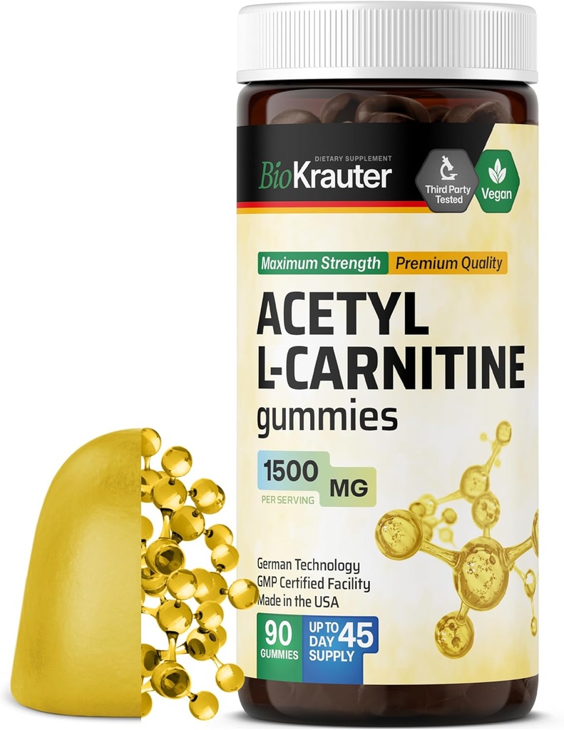 BIO KRAUTER Acetil L Carnitine Gummies - 1500 mg Stiprumas - 90 Vegan Chews - Amino Acid Acetil L Carnitine Additive - Pectin- Reasoned, Non- GMO