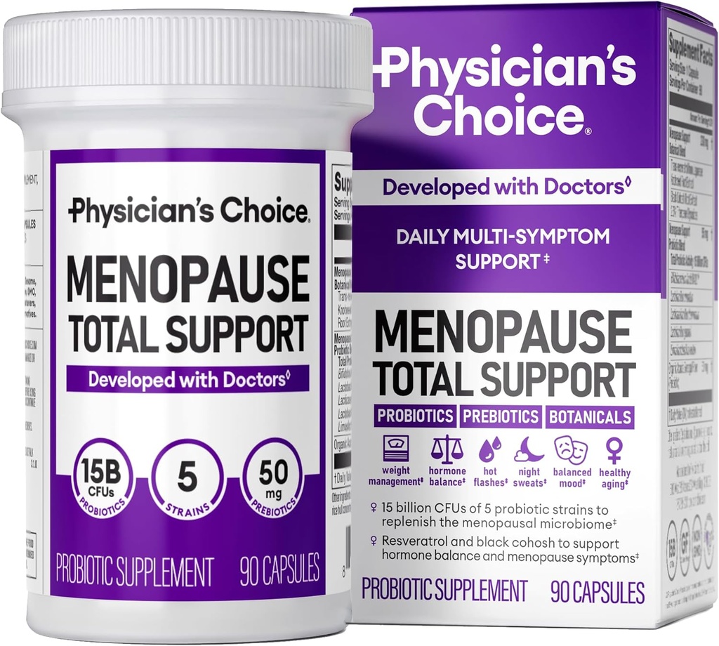 Gydytojo CHOICE menopauzė Probiotinis papildymas moterims - Palaiko Hormonų balansas, Karšti mirksi, Naktinis prakaitavimas, Svorio valdymas, Bloating & Gut Health - su juoda kohosh, Resveratrol + - 90ct