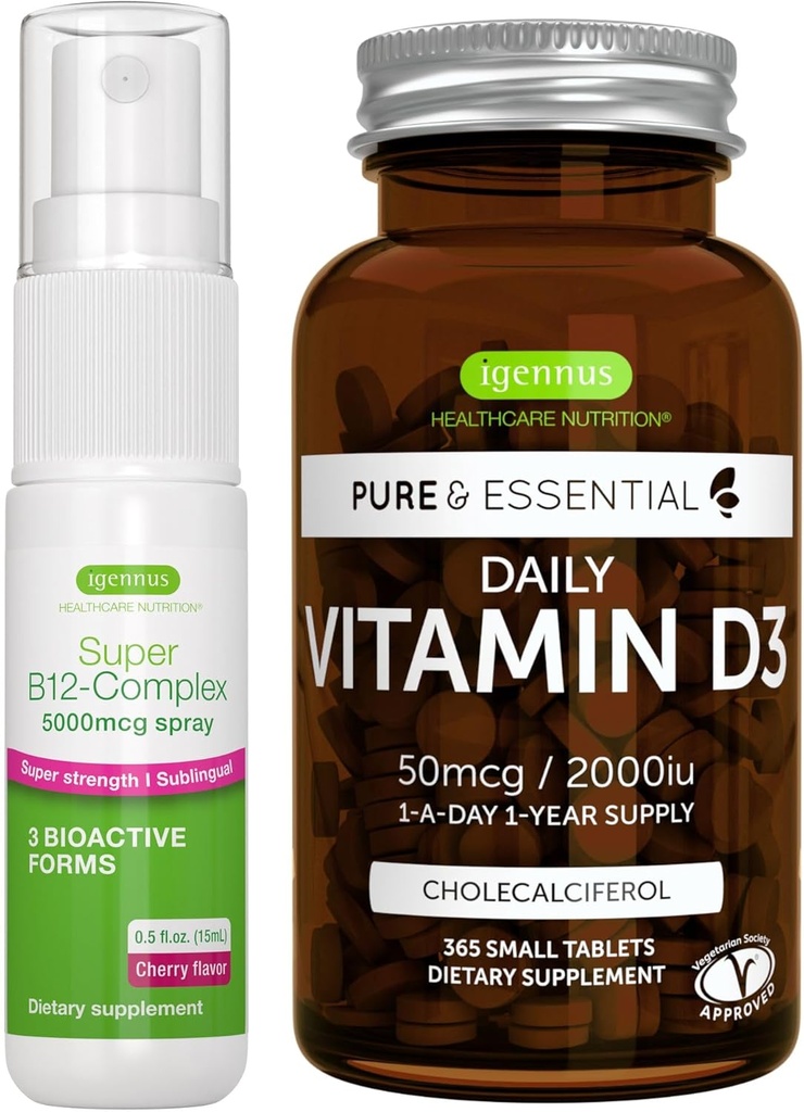 Vitaminas D3 + Super B12- Complex 5000µg Vegetaric Bundle, 365 2000iu Vitamino D3 tabletės + didelio stiprumo B12 vyšnių skonio polietinis purškalas (Igennus)