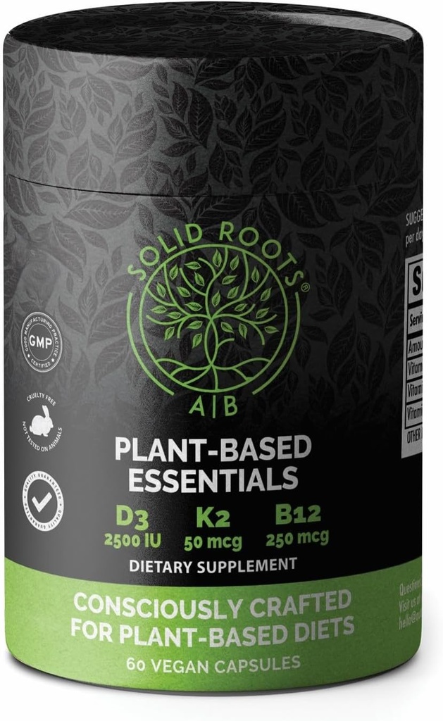SOLID ROOTS Vegan Vitamin D3 + K2 +B12 for Bones, Heart, Skin, Teeth Plant-Based Multivitamin Essentials