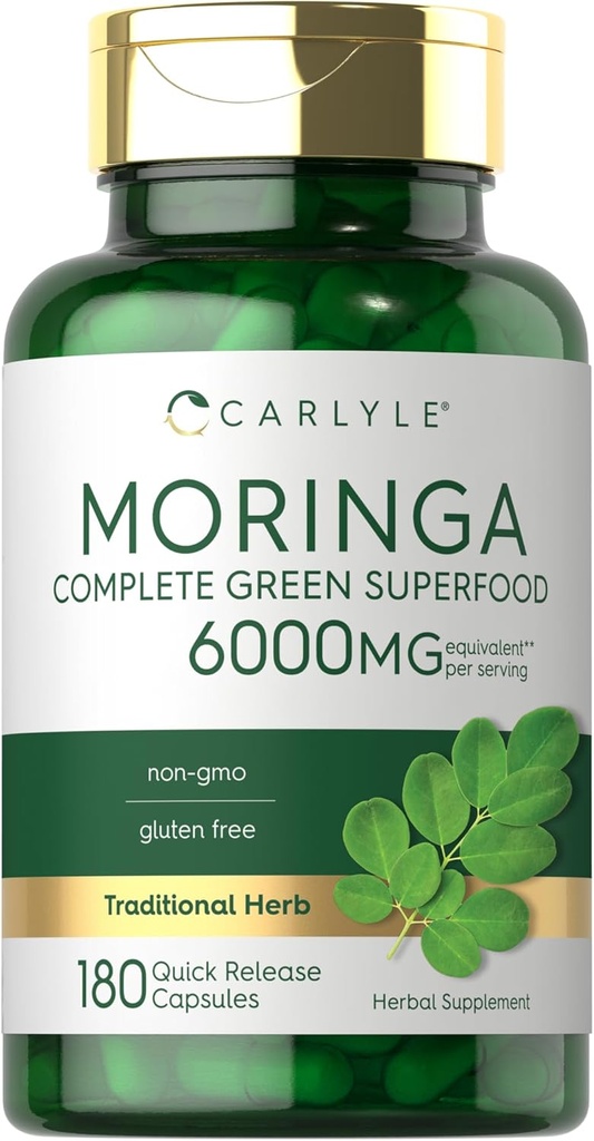 Carlyle Moringa Oleifera) 124; 180 kapsulių) 124; Non- GMO ir Gluten Free Addition) 124; Complete Green Superfood) 124; iš Moringa lapų miltelių
