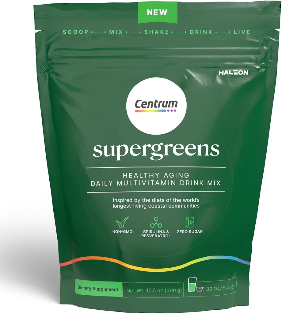 Centrum Supergreens - Supermaisto milteliai ir multivitaminas suaugusiems - Žalieji milteliai su Spirulina, grybų, prebiotikai ir fermentas mišinys - 30 dienų tiekimo