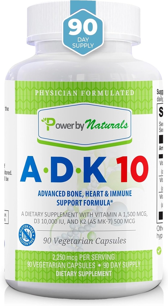 Power by Naturals ADK Vitaminais - ADK 10 High Power with Vitaminai A, D3 10 000 TV & K2 MK7 for Superior Heart, Immune & Bone Health Support - 90 kapsulių, 1 rinkinys (3 mėnesių tiekimas)