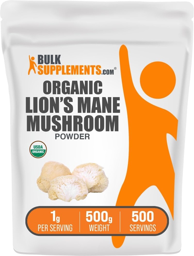 BulkSupples.com Organic Lions Mane Mushroom Powder - Lions Mane Powder, Grybų papildas - Vegan & Gluten Free, 1g per Serving, 500g (1,1 lbs) (Pakuotėje po 1)