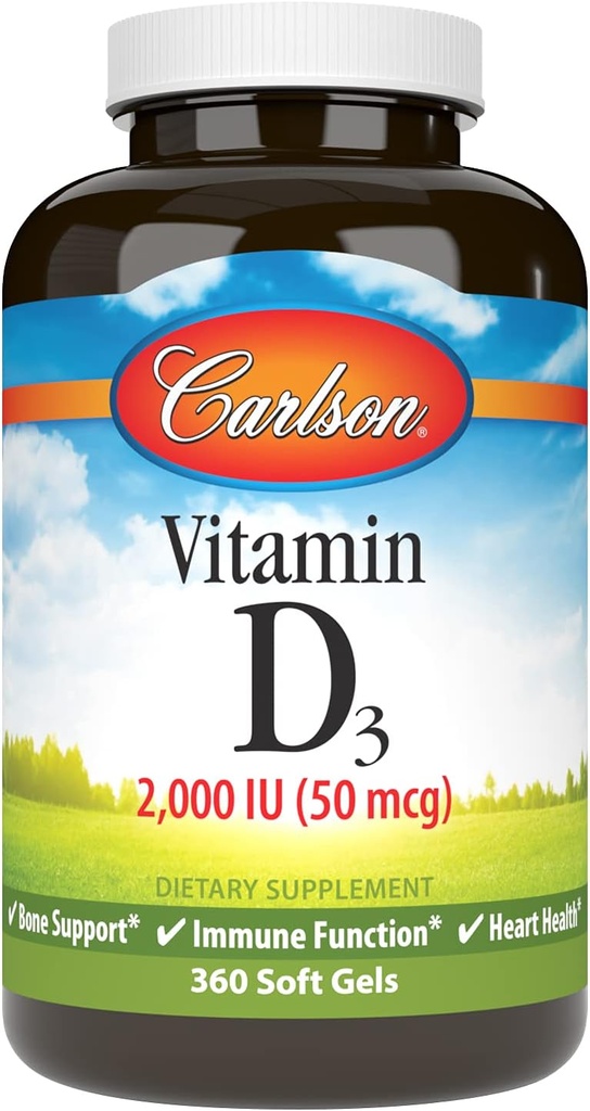 Carlson - Vitaminas D3, 2000 TV (50 µg), kaulų sveikata, raumenų sveikata, cholekalciferolis, vitamino D papildai, vitaminas D3 minkšti geliai, 360 Softgels