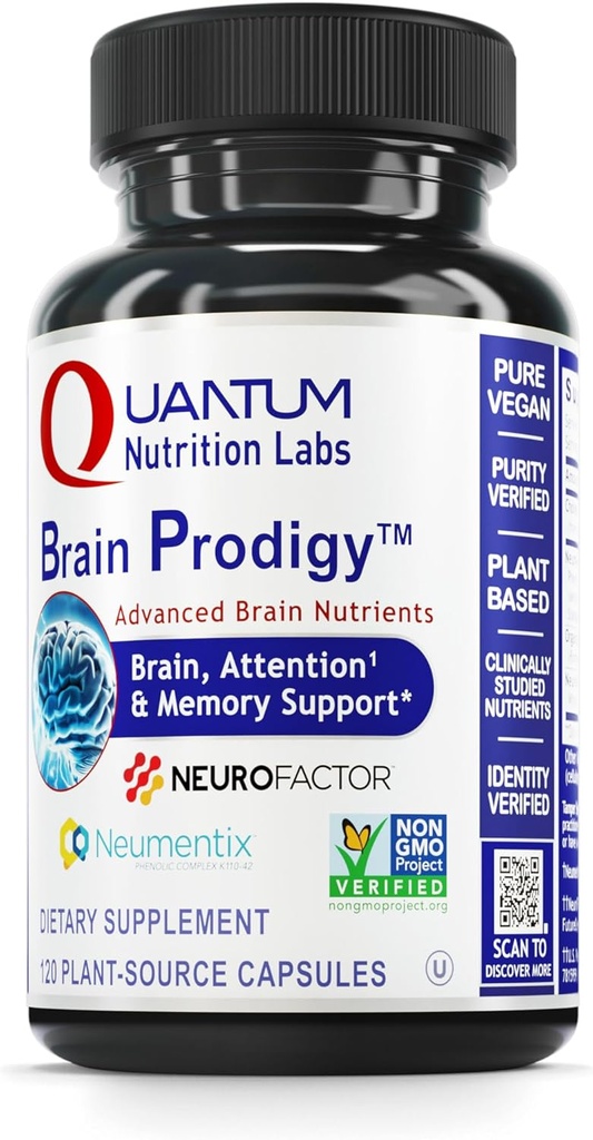 Quantum Nutrition Labs Brain Prodigy - Smegenų papildai atminčiai ir dėmesiui, Focus Addition, Vitaminas koncentracijai ir atminties palaikymui suaugusiems, vyrams ir moterims - 120 vegetarinių kapsulių