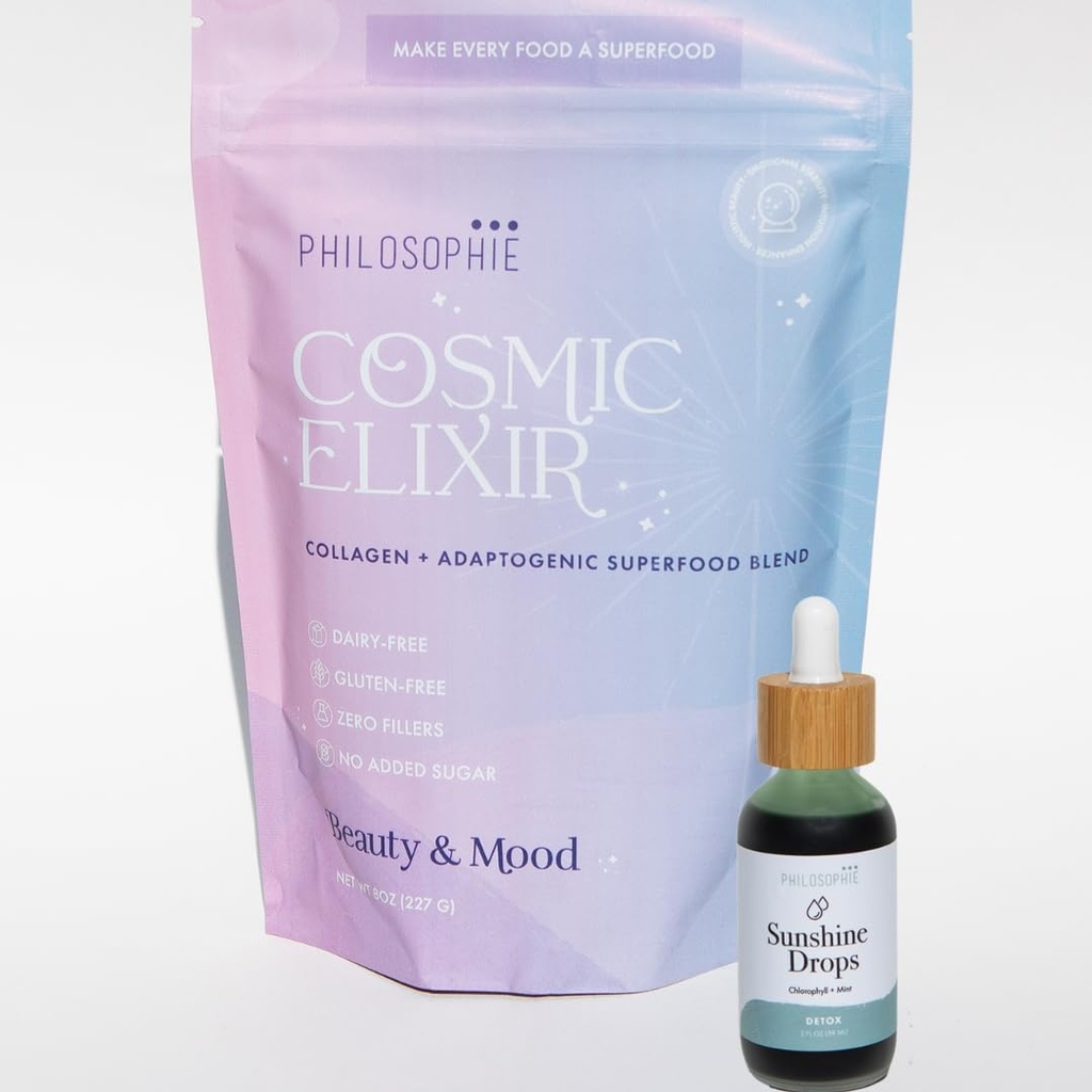Philosophie Sunshine Drops & Cosmic Elixir Bundle - Skystas chlorofilas & Superfood miltelių mišinys - Visi natūralūs Plant-Based 2pack