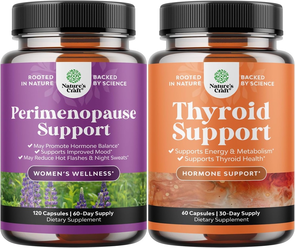 "Maca Root Vitex Berry & Black Cohosh" piemenų papildas "Hot flash Night Sweats Hormone Balance & Mood" ir "Tyroid Support" su L Tirozino Bladderwrack Selenium & Ashwagandha