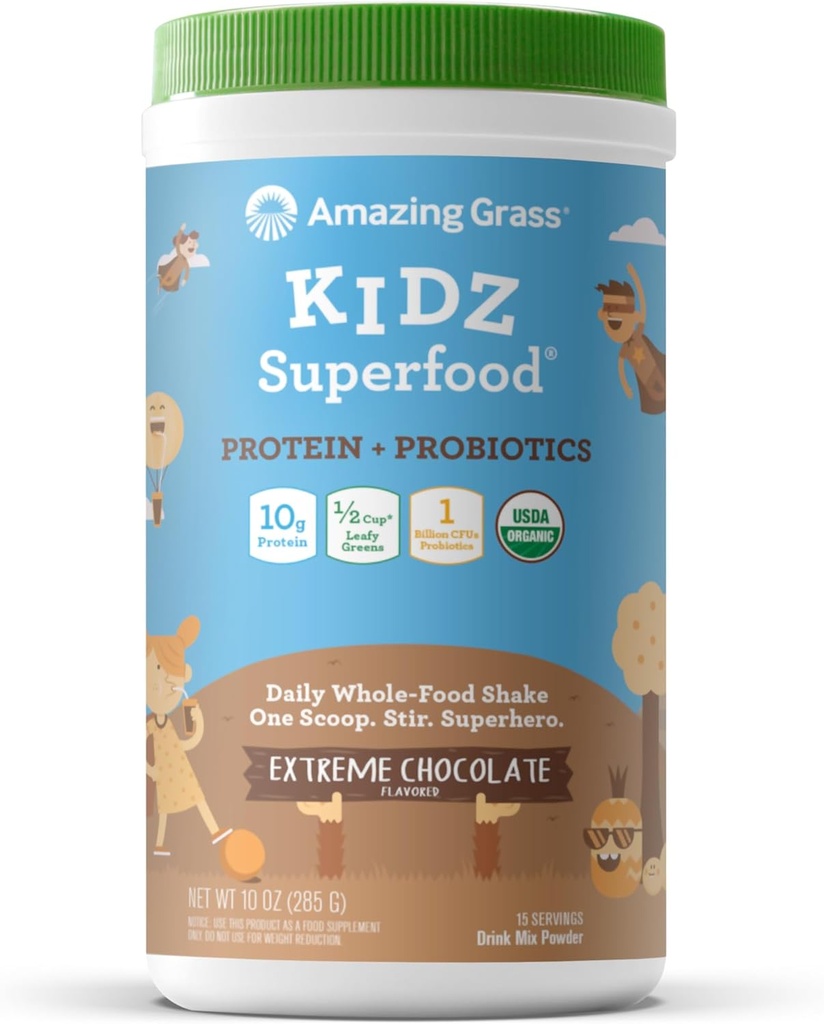 Nuostabus žolės Kidz Superfood: Vegan proteinas & Probiotikai vaikams su runkelių šaknų milteliai & 1 / 2 taurė Leafy Žaliųjų, Ekstremalus šokoladas, 15 Paslaugos