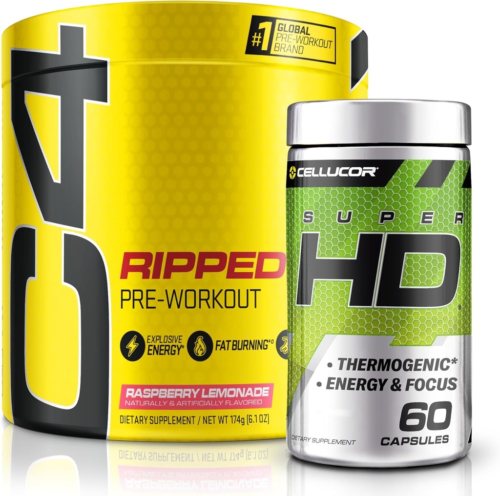 C4 Ripped & SuperHD, Thermogenolic Bundle, C4 Ripped Previous Workout Mills, Aviečių Lemonade 30 Servings + SuperHD with Capsimax and Green Tea Extract, 60 Servings