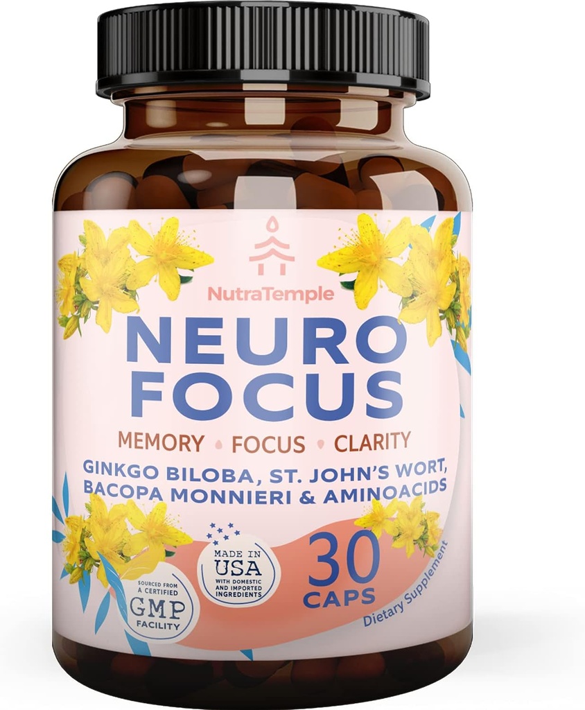 Brain Booster Gingko Biloba Priedas - Nootropics for Mind, Focus, Atmintis, Aiškumas su Bacopa Monnieri, St Johns Wort - 30 Smegenų maisto kapsulės