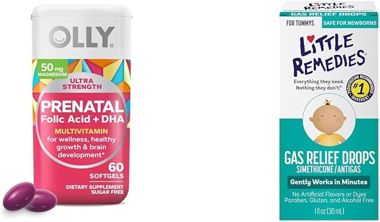 OLLY Prenatal Multivitaminas Softgels sveikam nėštumui + Little Reledies Gas Relief lašai kūdikių auglio skausmui, 60 Skaičiavimas
