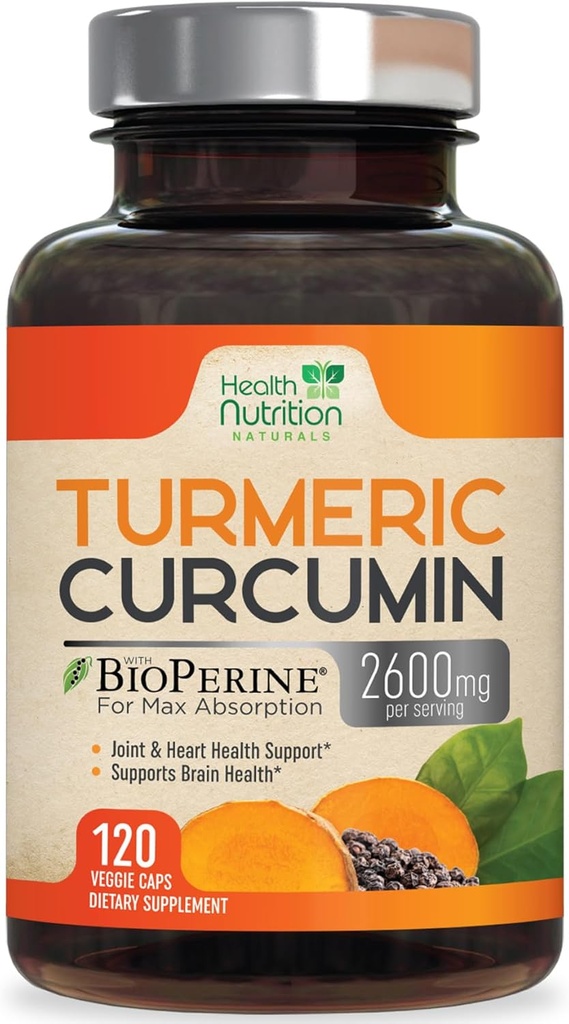 Turmeric Curcumin Supplement 2600mg - 95% Curcuminoids with Organic Turmeric & BioPerine Black Pepper for Best Absorption, Nature's Vegan Joint Support, Non-GMO Tumeric, Bottled in USA - 120 Capsules