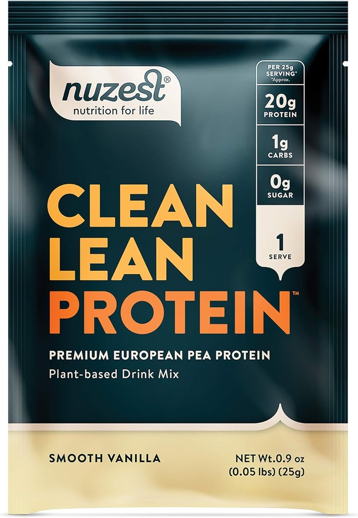 Nuzest - Žirnių baltymų milteliai - Švarus liesos baltymų, Premium Vegan Augalų pagrindu baltymų milteliai, Pienas nemokamai, Gluten nemokamai, GMO nemokamai, natūraliai saldintas baltymas purtyti, Smooth Vanilla, 1 Tarnavimas, 0,9 oz