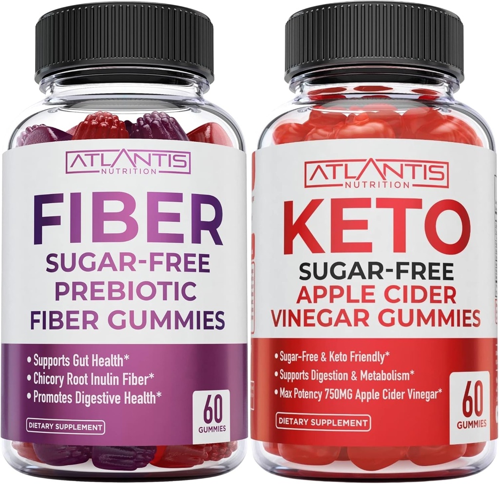 Atlantis Nutrition Sugar Free Prebiotic Pluoštas Gummies suaugusiems 2- Pack (120 Gummies) + Cukraus Free Keto Apple Cider Vinact 60 Gummies