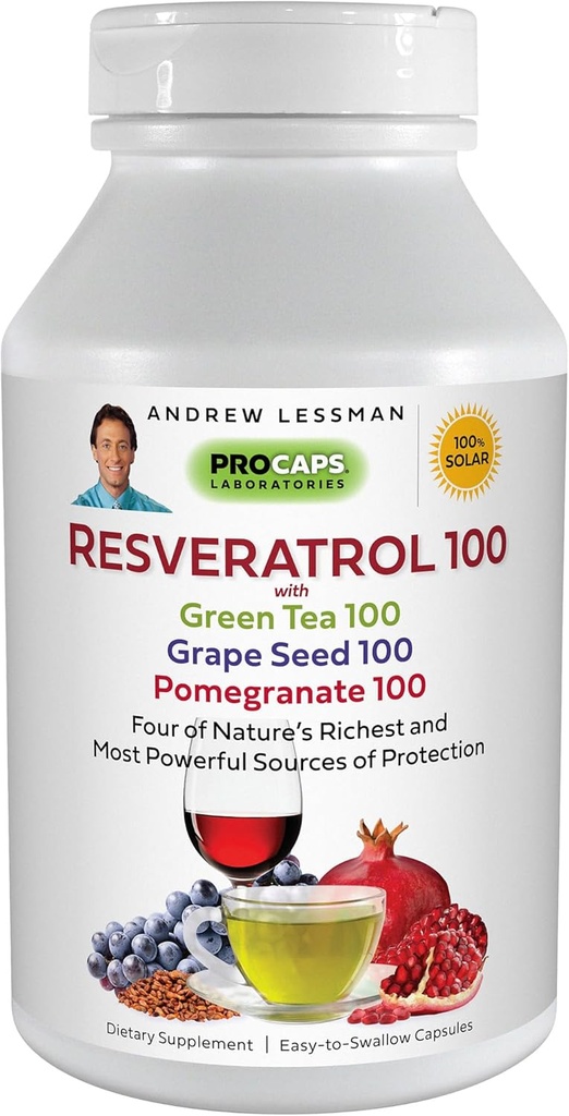 ANDREW LESSMAN Resveratrol- 100 su žalia arbata 100 Vynuogių sėklų 100 mg - 360 kapsulės - Keturi Galingi, apsauginiai antioksidantai.
