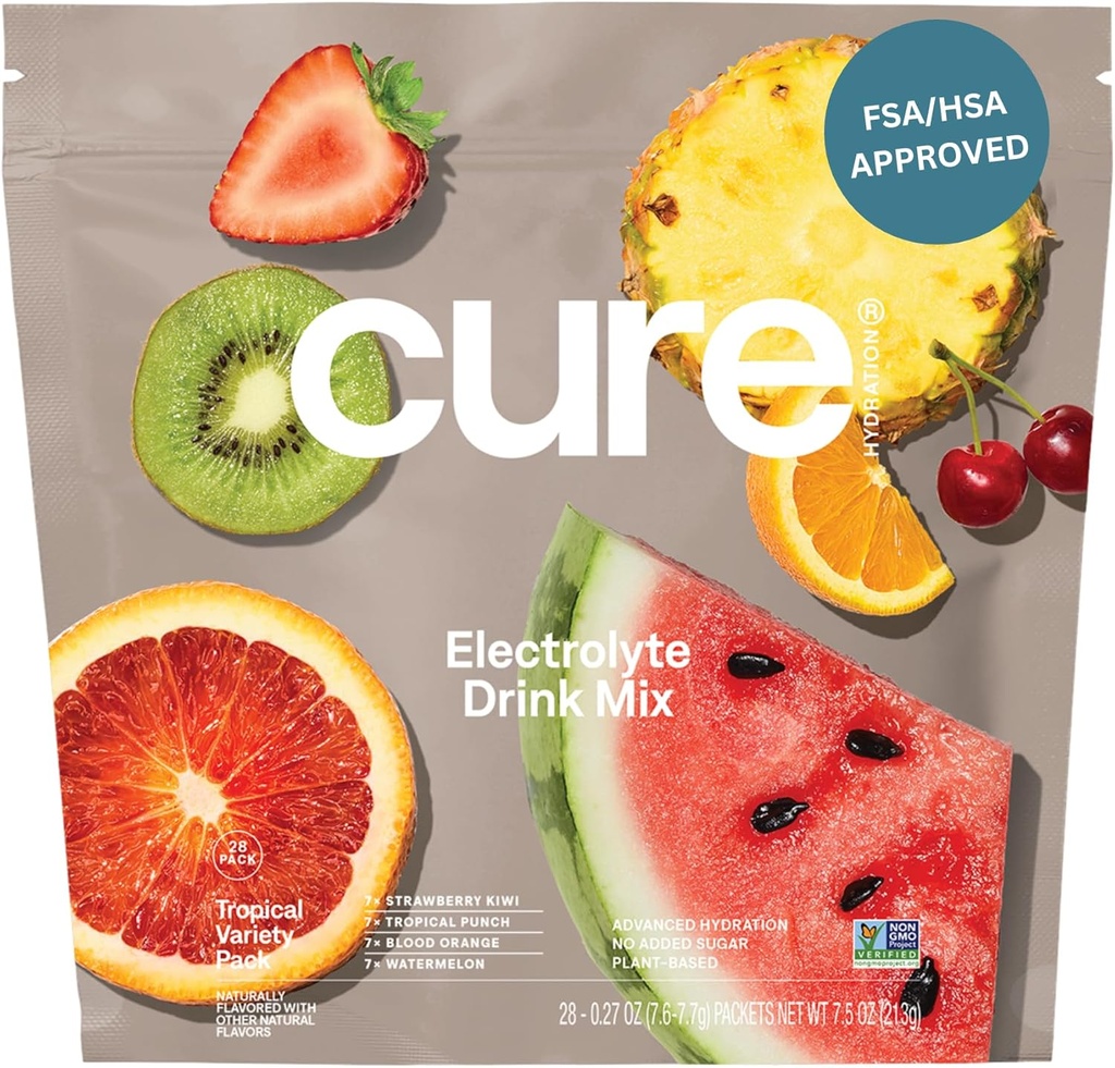Cure Hydration ® 124; Plant-based Electrolyte Drink Mix ® 124; No Added Sugar ® 124; FSA- HSA ® 124; Dehidratacija Refleksijos milteliai Pagaminta su kokoso vandeniu ® 124; Non-GMO ® 124; Vegan ® 124; 28 Paketai - Tropical Variety Pack