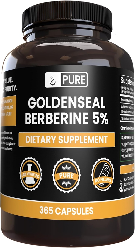 PURE ORIGINAL INGREDIENTS Goldenseal Berberine No Magnis ar ryžių piltuvai, Visada Grynas, Lab Patikrinta (365 Count)