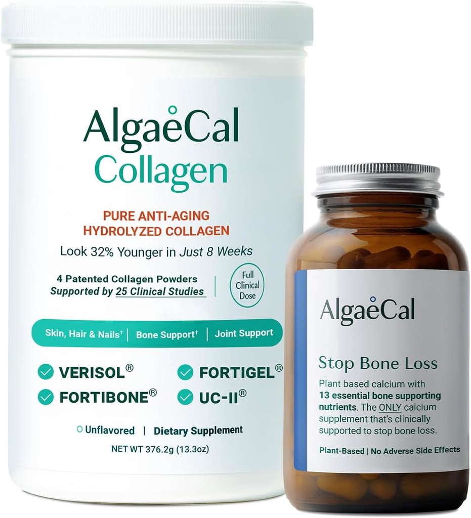 ALGAECAL Calcium & Collagen Bundle - Hidrolizuotas kolagenas Užbaigti su klinika remiamų Verisol, Fortiboat & Fortigelis, Plius 13 Kaulus palaikantys mineralai ir vitaminas D3 kaulų sveikatos & Anti- senėjimo