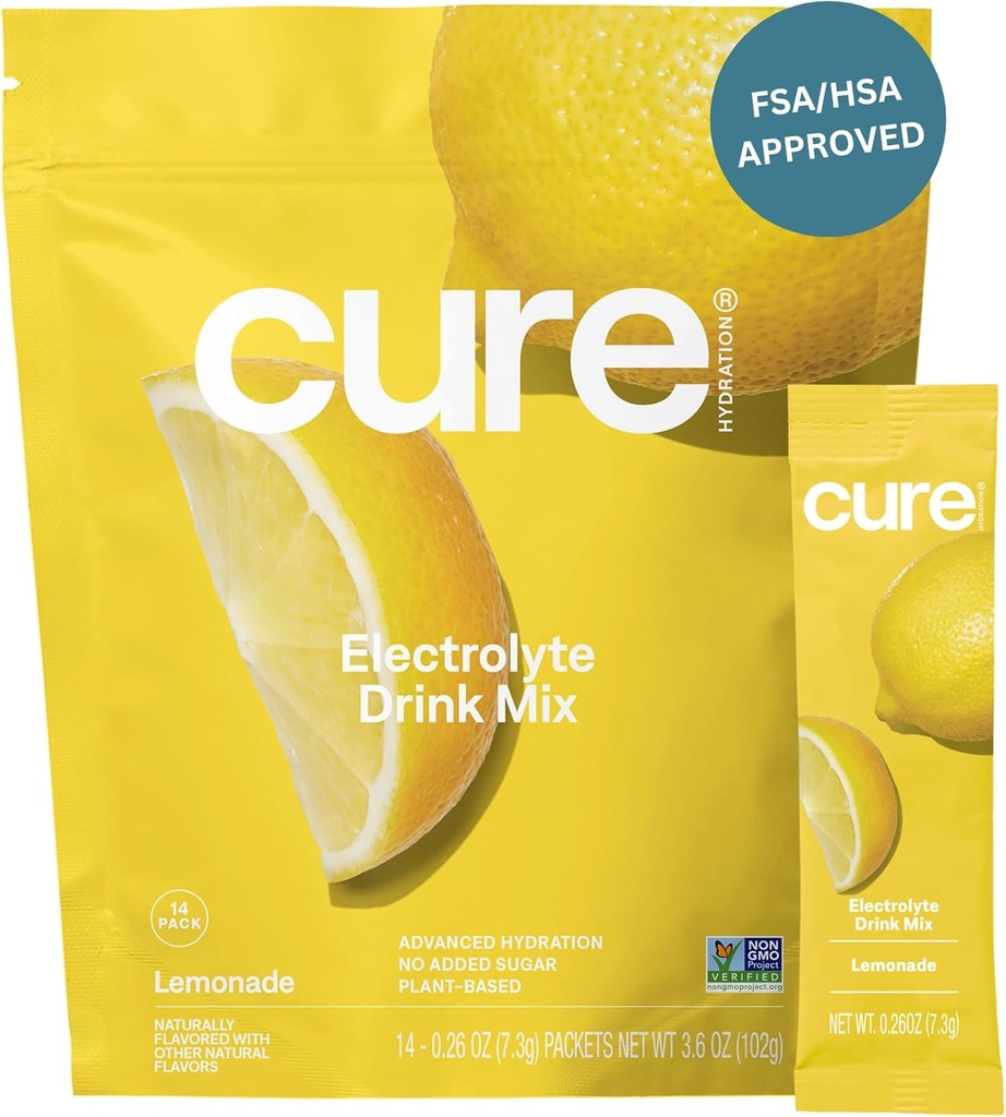 Cure Hydration ® 124; Plant-based Electrolyte Drink Mix ® 124; No Added Sugar ® 124; FSA & HSA ® 124; Dehidratacija Refleksinis milteliai Pagaminta su kokoso vandeniu ® 124; Non-GMO ® 124; Vegan ® 124; Pouch 14 Pakuočių - Lemonade