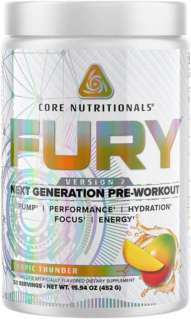 Pagrindinis Mitybos Fury V2: Prieš treniruotę milteliai padidinti našumą Gym W / Zum- XR ® Caffeine, L-citrulinas, ir Alpha GPC (40 Scoops) (Tropic Thunder)