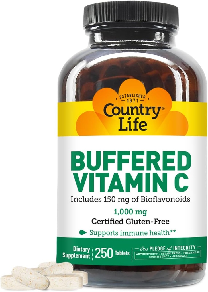 Country Life Bufered Vitaminas C 1000mg su bioflavonoidais, Kalcis, Magnis, Kalio - Imuninė parama, Vegan kapsulės, nemokamai, Švelnus ant pilvo - 250 tabletės