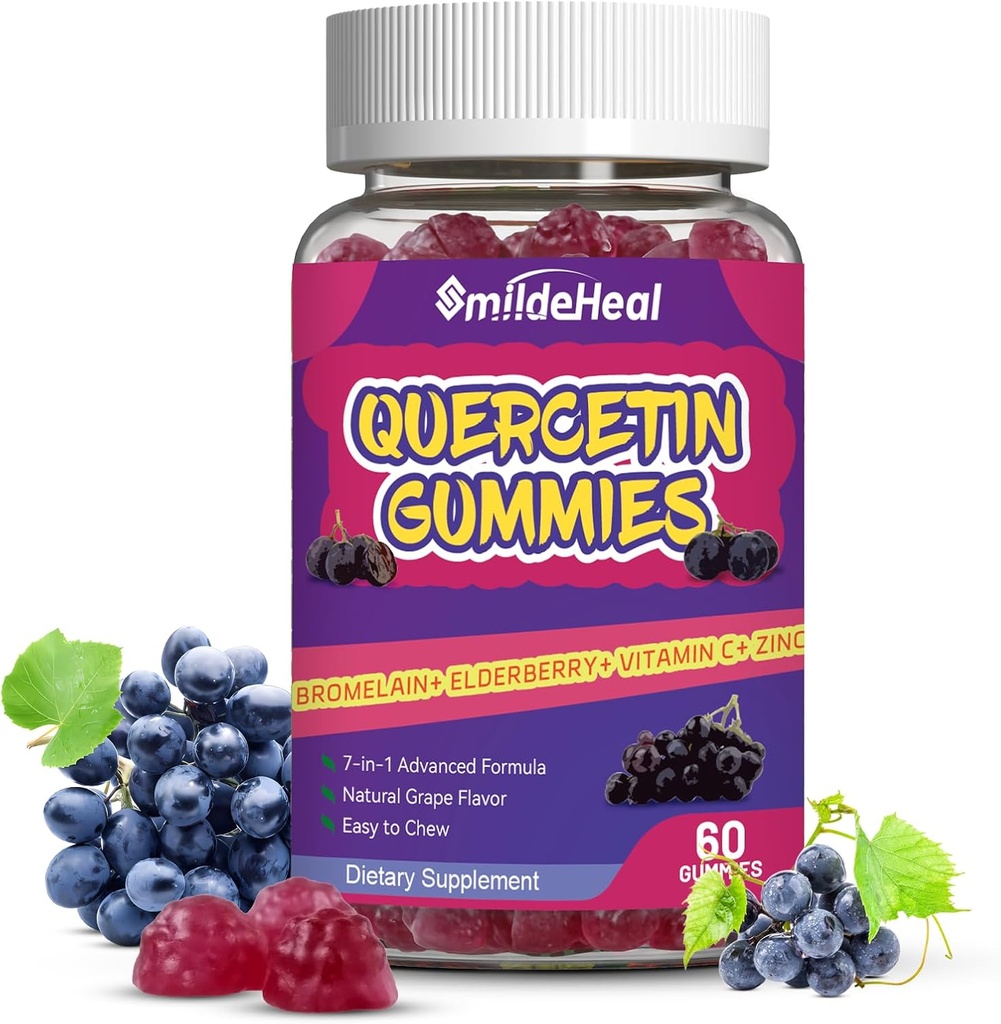 Quercetin Gummies 1200MG, Quercetin Gummies with Bromelain, Cinko Vitaminas C, Quercetin Addition Gummies for Adult & Kid, 60 Vegan Gummies