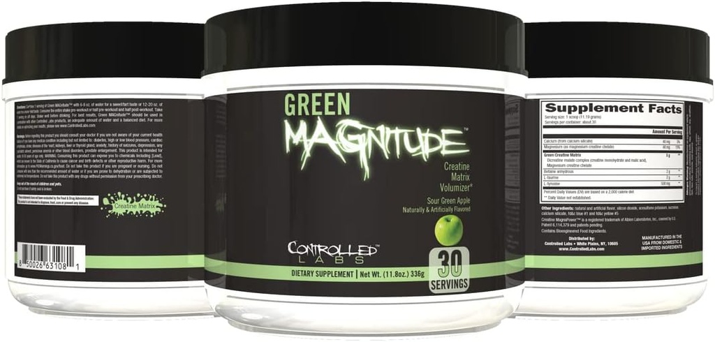 Controlled LABS Green Magnum Addition, Synergistic Creatine Formulės milteliai, Promotes Stiprumas, Stamina, ir Performance, (Sour Green Apple, 30 Paslaugos)