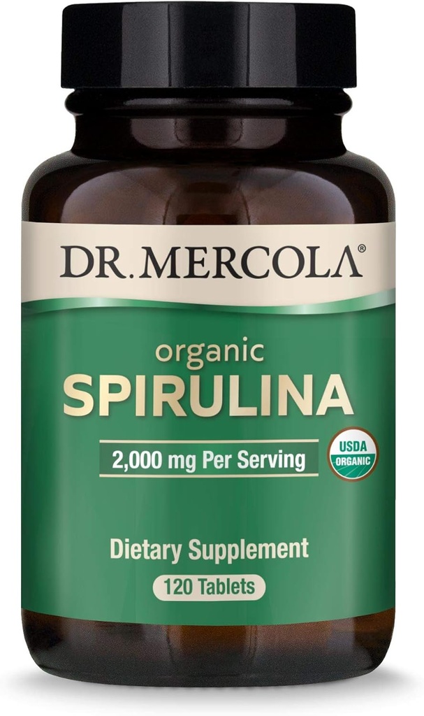Dr. Mercola Organic Spirulina - 2000 mg - USDA Organic - Normalus detoksikacija & Imuninė Sveikata - Visas maistas Supermaisto - Ne GMO, Gluten- Free & Soy- 120 tablečių