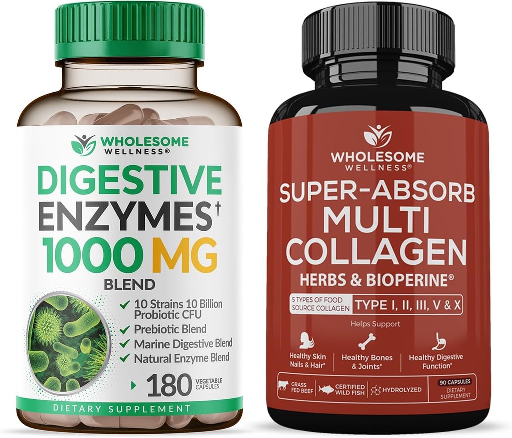 Wholesome Wellness Digestive Enzymes 1000MG Plus Prebiotics & Probiotics Supplement + Super-Absorb Multi Collagen Pills (Type I II III V X) Organic Herbs and Bioperine Bundle