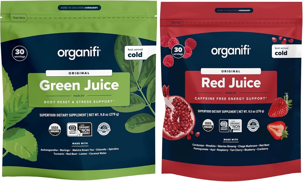 Organifi Green juice and Red juice Bundl - 30 Dienos tiekimas - Skanus, gaivus organinis maisto papildas milteliai su antioksidantais energijos ir streso paramos - Nr GMO, Gluten, arba Soy