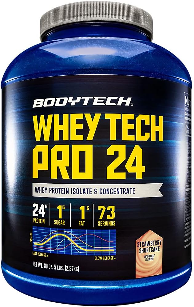 BODYTECH Whey Tech Pro 24 baltymų milteliai - baltymų fermentų mišinys su BCAA 's kuro raumenų augimo ir atkūrimo, Idealiai tinka Post- Workout raumenų statyba - braškių trumpiklis (5 Svaras)