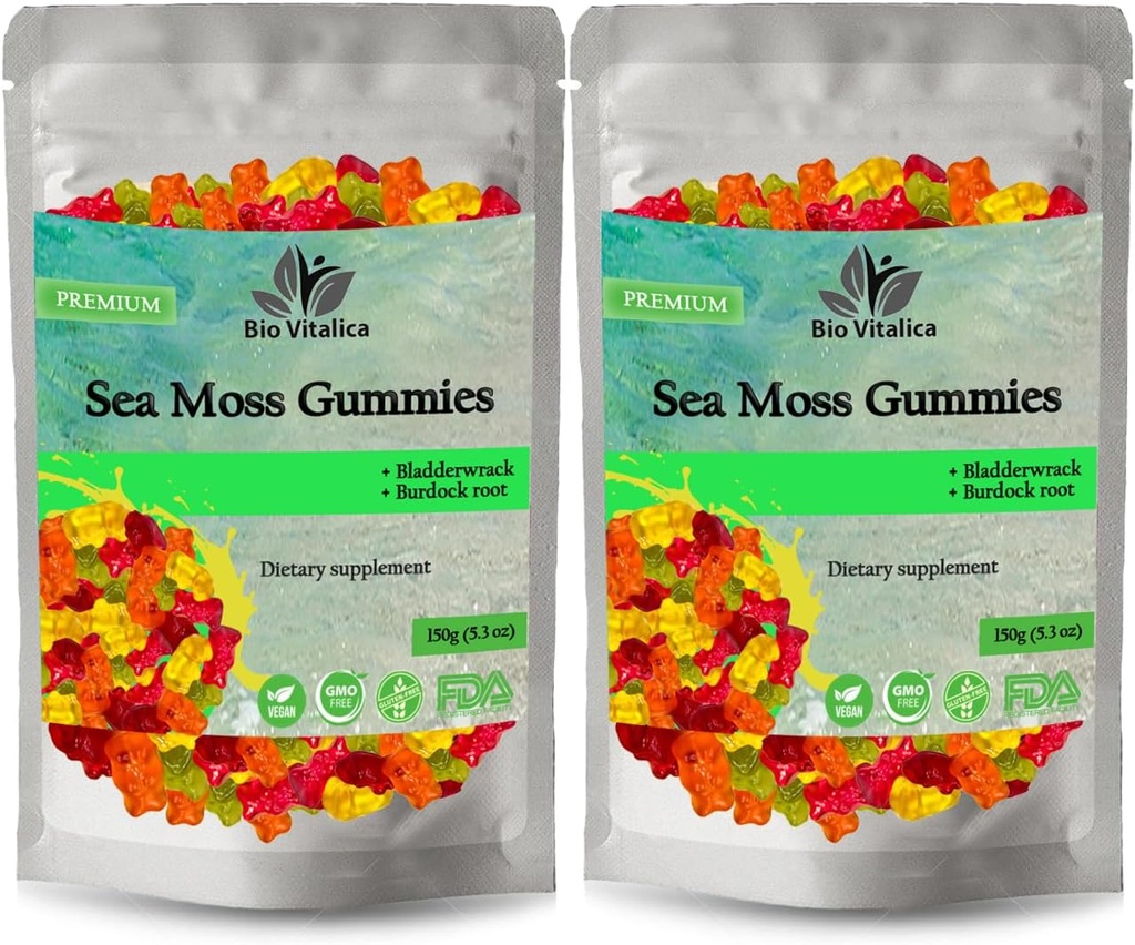 BIO VITALICA Sea Gummies - su Bladderwrack & Burdock šaknis - Wildcrafted gelis + milteliai - Vegan, Keto, Non-GMO, Gluten- Fruity Mineral- Rich Gummies - 50 Count (2 rinkinys)