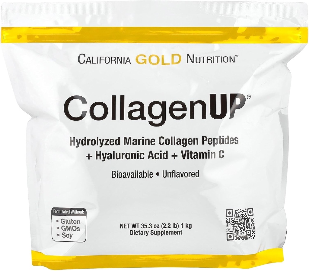 California Gold Nutrition Collagenup ®, Hilyzed Marine Collagen Peptides su hialurono rūgštimi ir vitaminu C, Unflavored, 2,2 lb (1 kg)