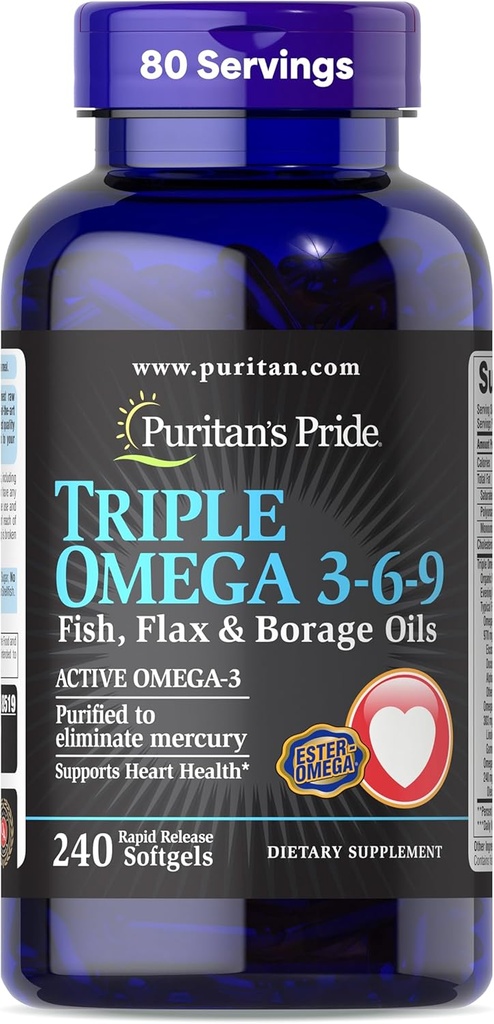Puritan Pride Premium Triple Aktyvus Omega 3-6-9 Žuvys, Laksas, ir Borage aliejai, mitybos priedas širdies, sąnarių, ir ląstelių sveikatos parama, 240 Greitas spaudai Softgels