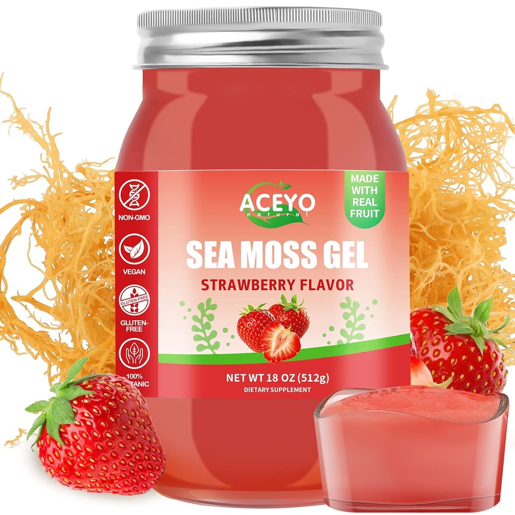ACEYO (18 OZ) Irish Sea Moss Gel Žaliavinė Vegan Braškių skonio 102 Vitaminai ir mineralai Laukiniai prikimštos ne GMO imuninės gynybos stiprintuvas Skydliaukės Digistive parama