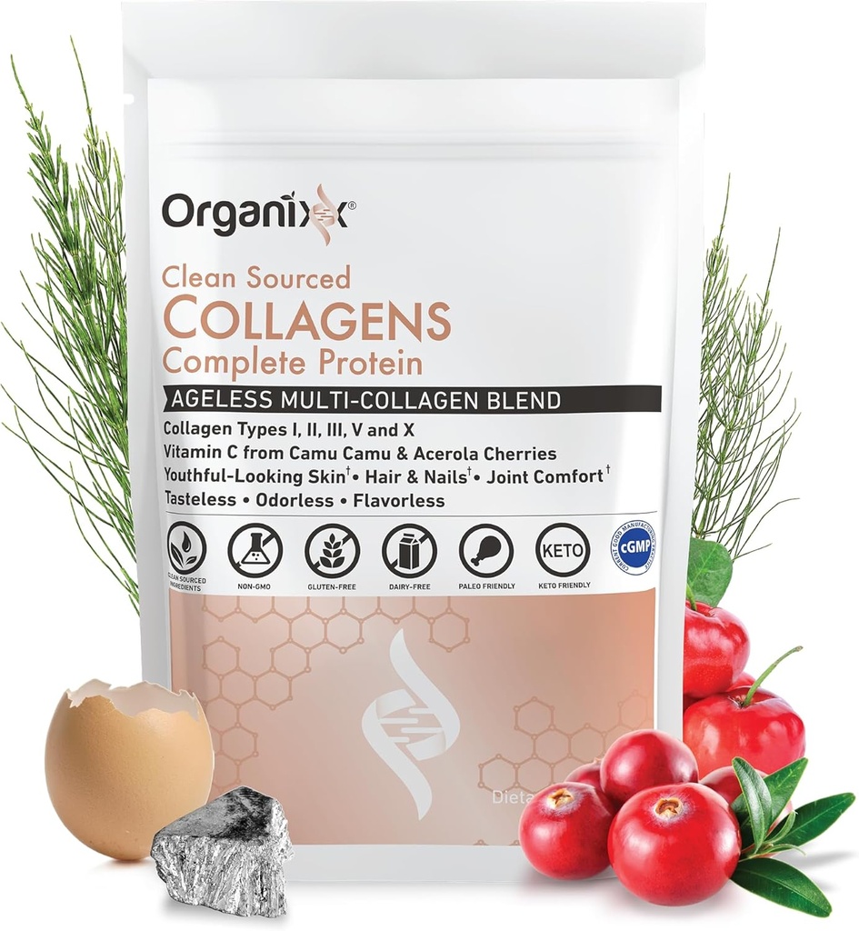 Organixx Collagen Peptides milteliai su vitaminu C, I, II, III, V, X hidrolizuotas kolagenas, Plaukų, nagų, odos, kaulų ir sąnarių sveikatos, Senėjimo palaikymo, Švarus Sourced, Gluten Free, Neskonio, 30 Paslaugos