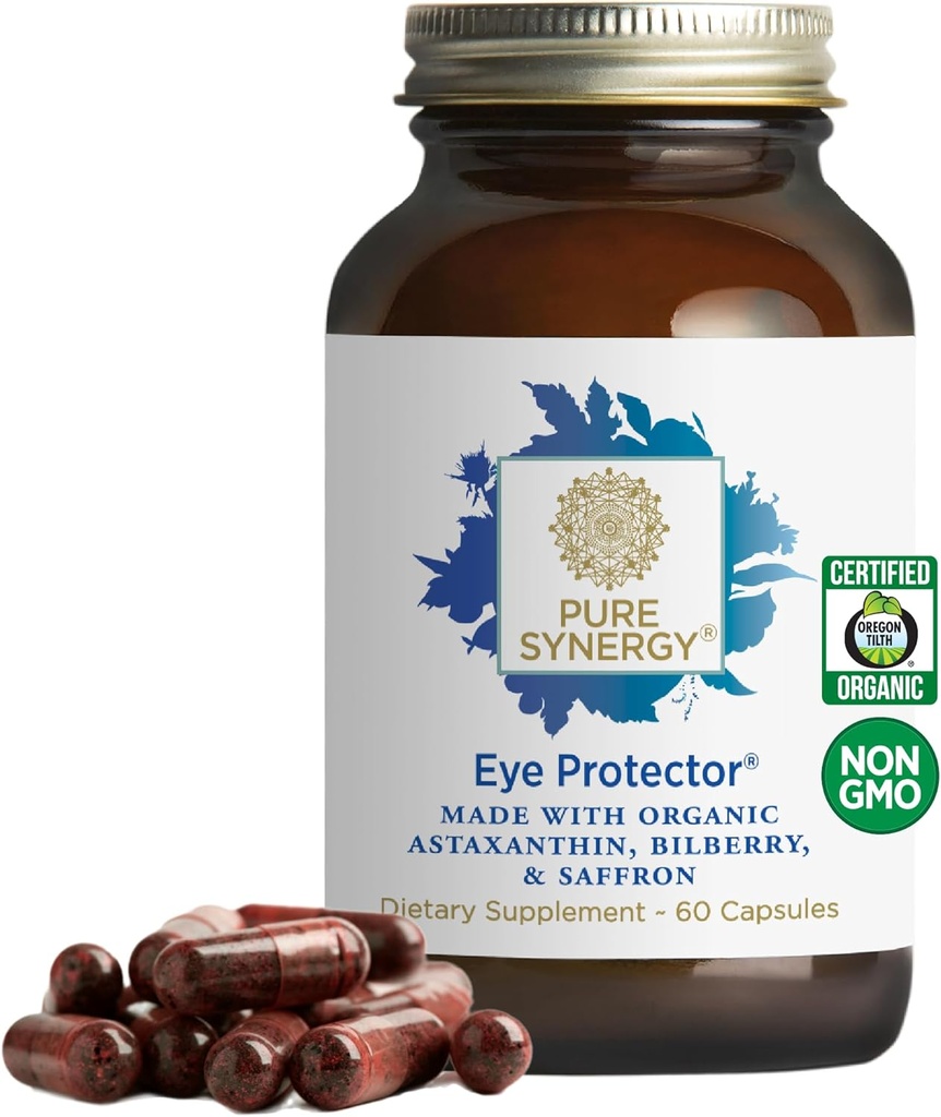 PURE SYNERGY Eye Protector ® 124; 100% Natural, Vegan Eye Health Additive ® 124; su Organic Astaxanthin, Lutein, & Zeaksantin ® 124; sveikam regėjimui (60 kapsulių)