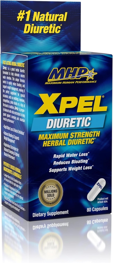 Maximum Human Performance Xpel Maximum Strength Diuretic Water Pills, for Water Retention Relief, Weight loss Support, with Vitamin B-6 Potassium Dandelion Root, 80 Capsules